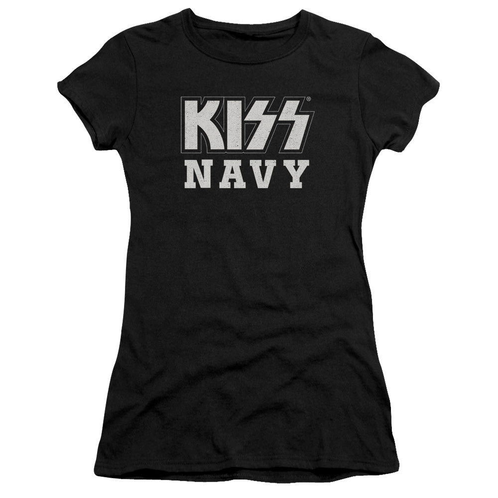 KISS Navy Block Junior Sheer Cap Sleeve Premium Bella Canvas Womens T Shirt Black