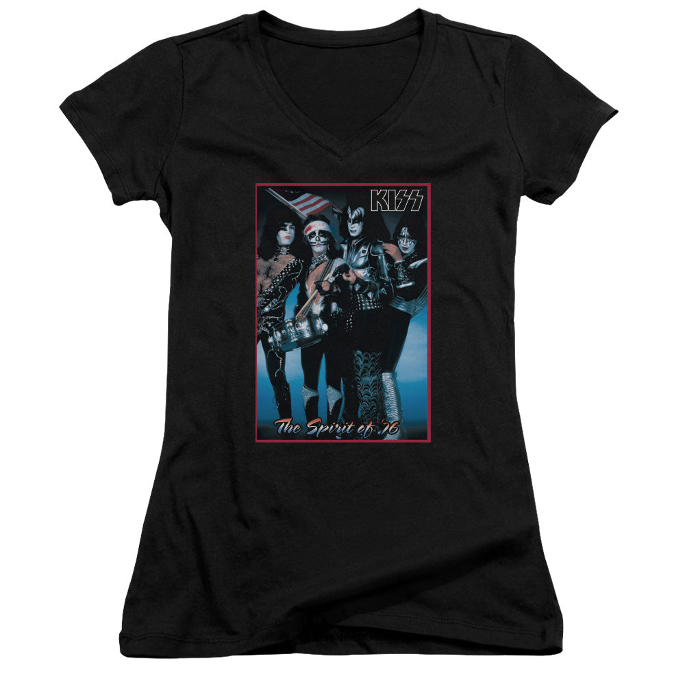 KISS Spirit of 76 Junior Sheer Cap Sleeve V-Neck Womens T Shirt Black