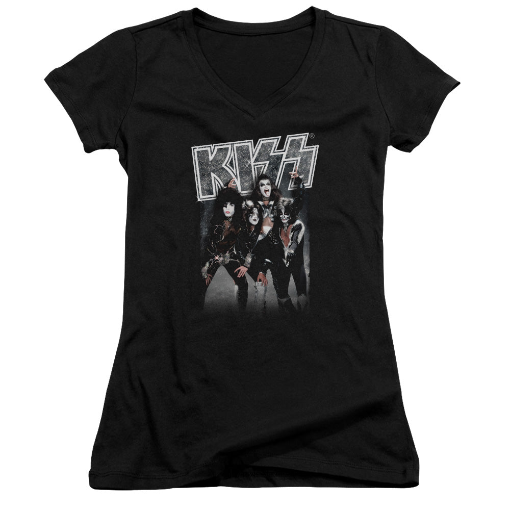 KISS Shine Junior Sheer Cap Sleeve V-Neck Womens T Shirt Black