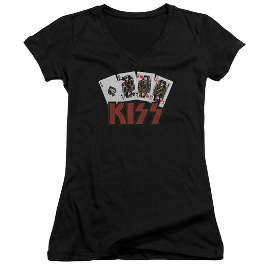 KISS Cards Junior Sheer Cap Sleeve V-Neck Womens T Shirt Black