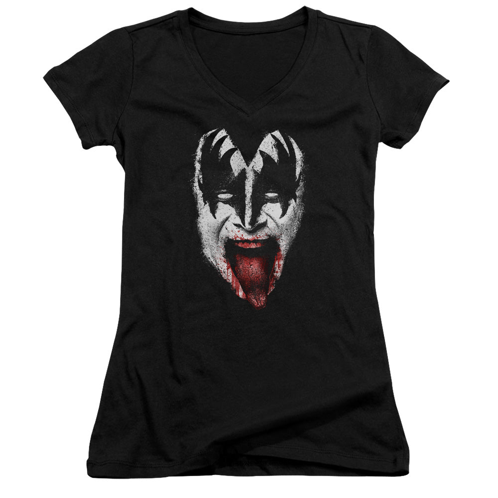 KISS Demon Face Junior Sheer Cap Sleeve V-Neck Womens T Shirt Black