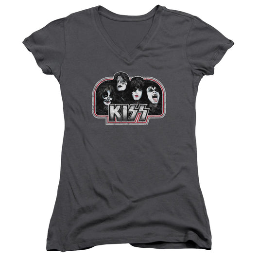 KISS Throwback Junior Sheer Cap Sleeve V-Neck Womens T Shirt Charcoal