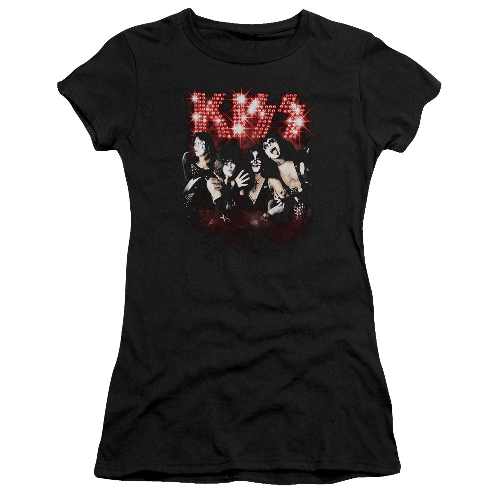 KISS Smoke and Mirrors Junior Sheer Cap Sleeve Womens T Shirt Black