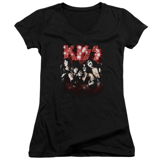 KISS Smoke and Mirrors Junior Sheer Cap Sleeve V-Neck Womens T Shirt Black