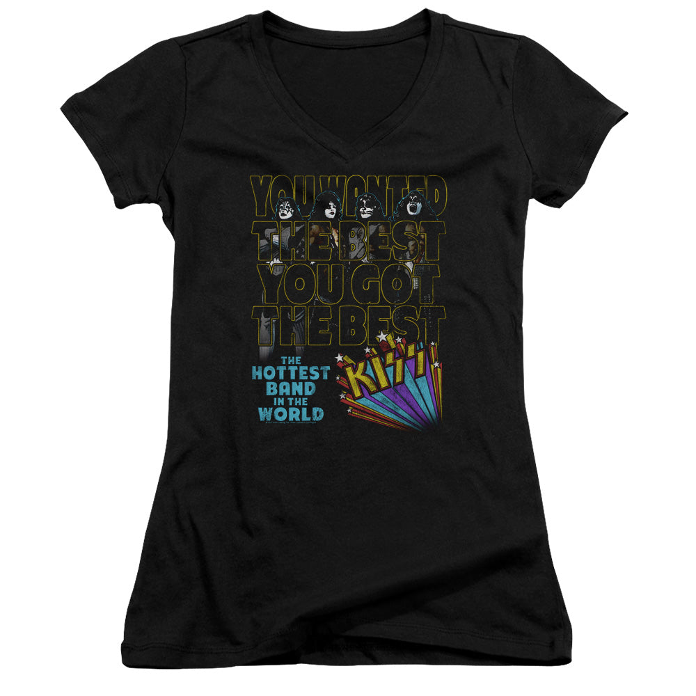 KISS The Best Junior Sheer Cap Sleeve V-Neck Womens T Shirt Black