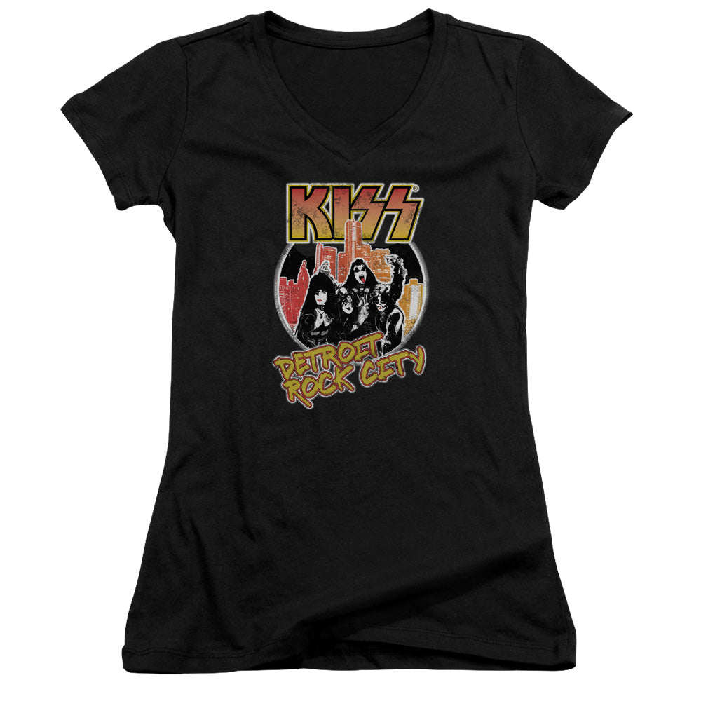 KISS Detroit Rock City Junior Sheer Cap Sleeve V-Neck Womens T Shirt Black