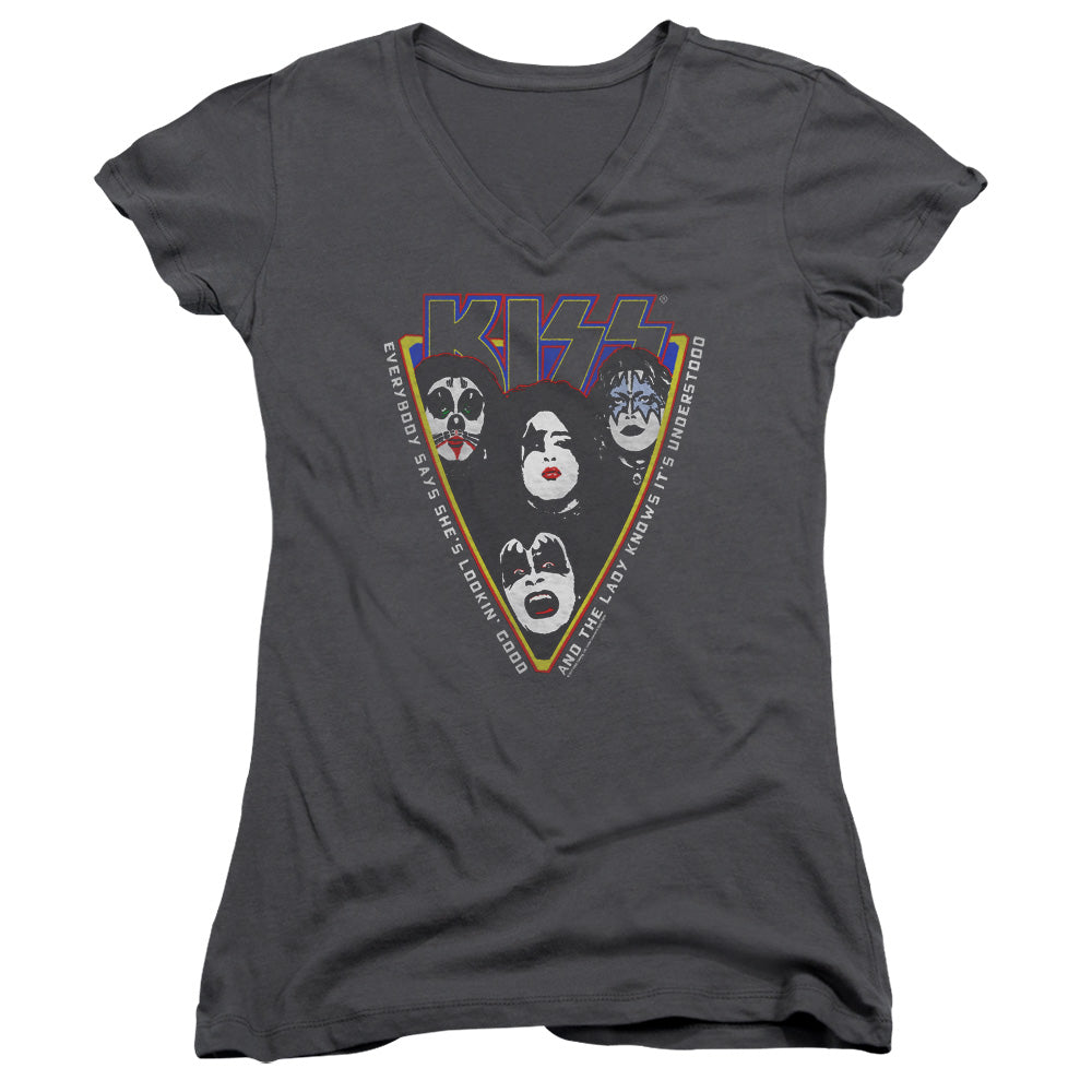 KISS Strutter Junior Sheer Cap Sleeve V-Neck Womens T Shirt Charcoal