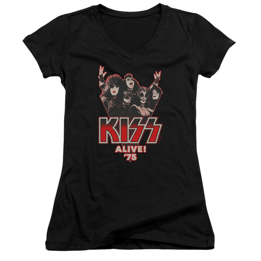 KISS Alive 75 Junior Sheer Cap Sleeve V-Neck Womens T Shirt Black