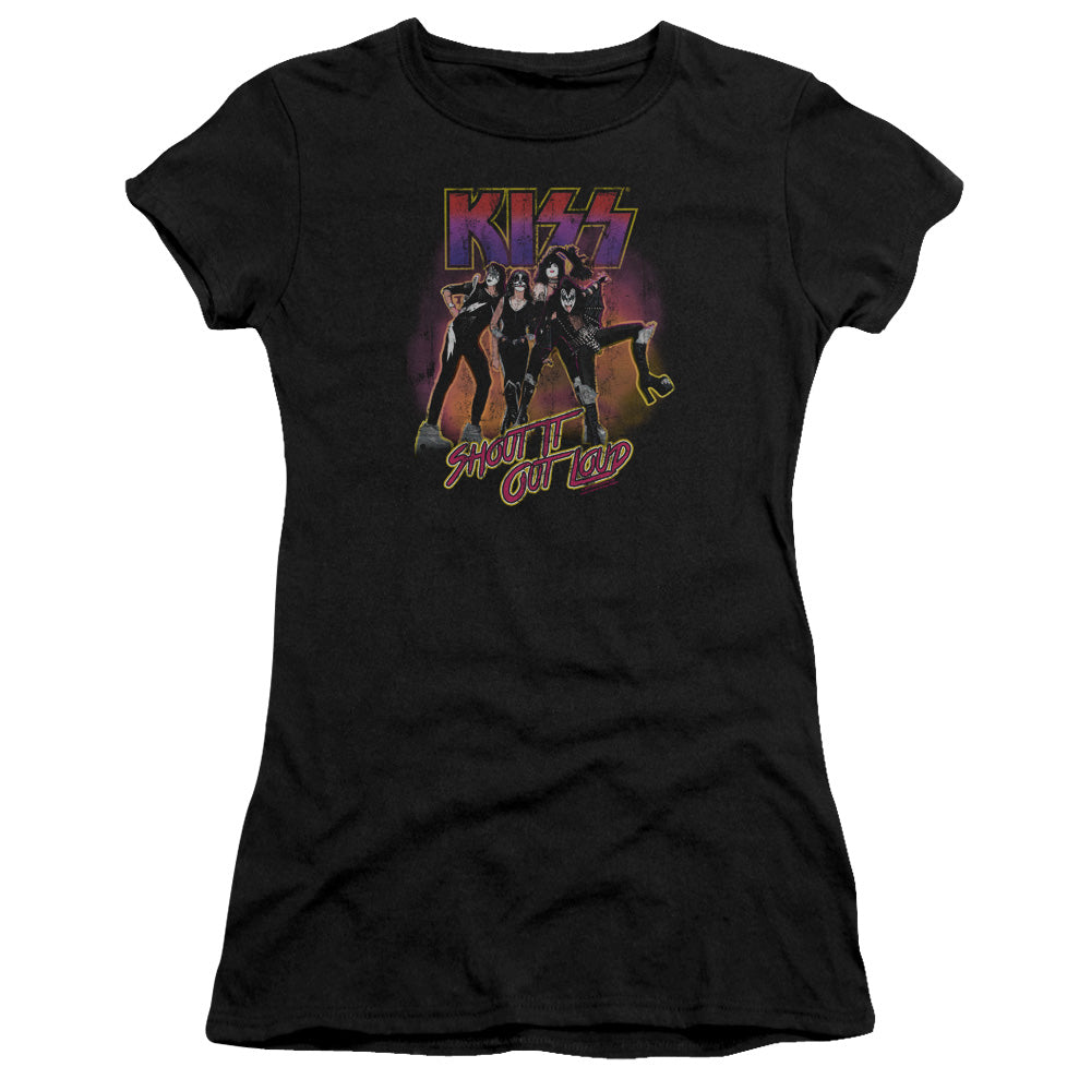 KISS Shout It Out Loud Junior Sheer Cap Sleeve Womens T Shirt Black