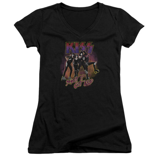 KISS Shout It Out Loud Junior Sheer Cap Sleeve V-Neck Womens T Shirt Black