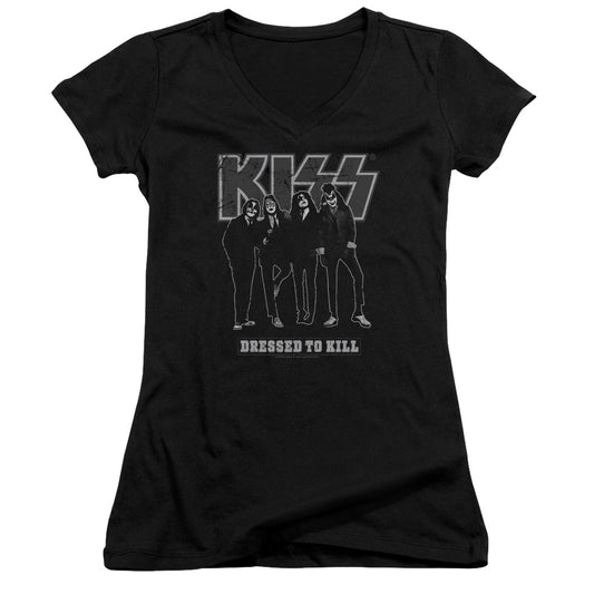 KISS Dressed To Kill Junior Sheer Cap Sleeve V-Neck Womens T Shirt Black