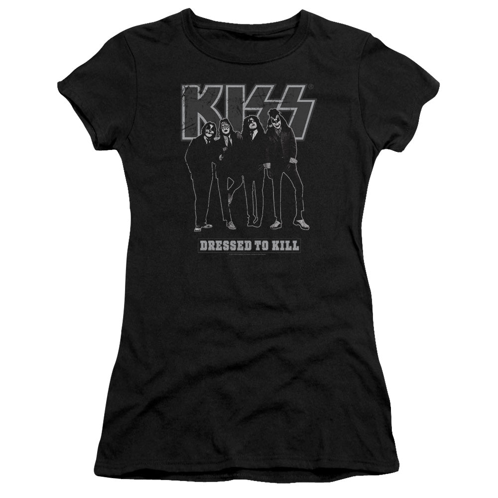 KISS Dressed To Kill Junior Sheer Cap Sleeve Premium Bella Canvas Womens T Shirt Black