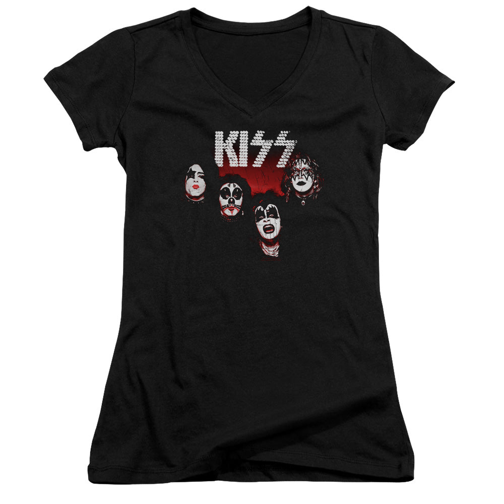 KISS 1974 Junior Sheer Cap Sleeve V-Neck Womens T Shirt Black