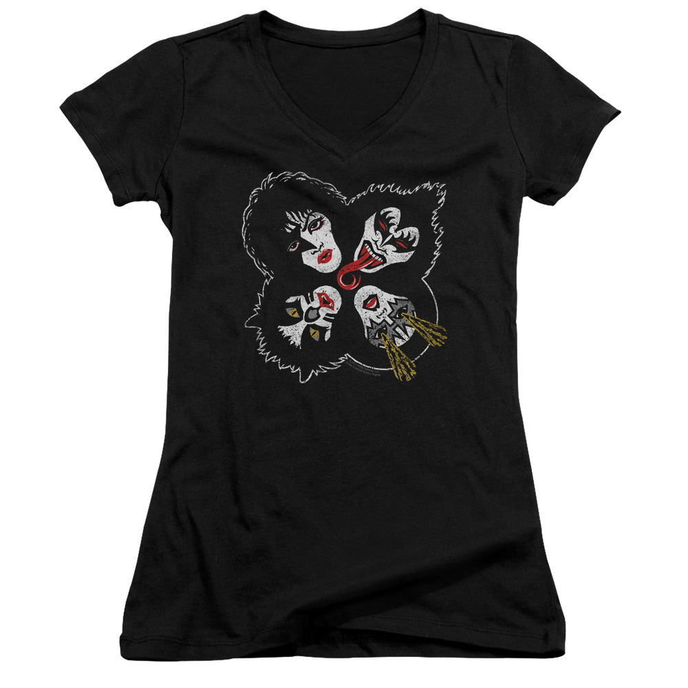 KISS Rock and Roll Heads Junior Sheer Cap Sleeve V-Neck Womens T Shirt Black