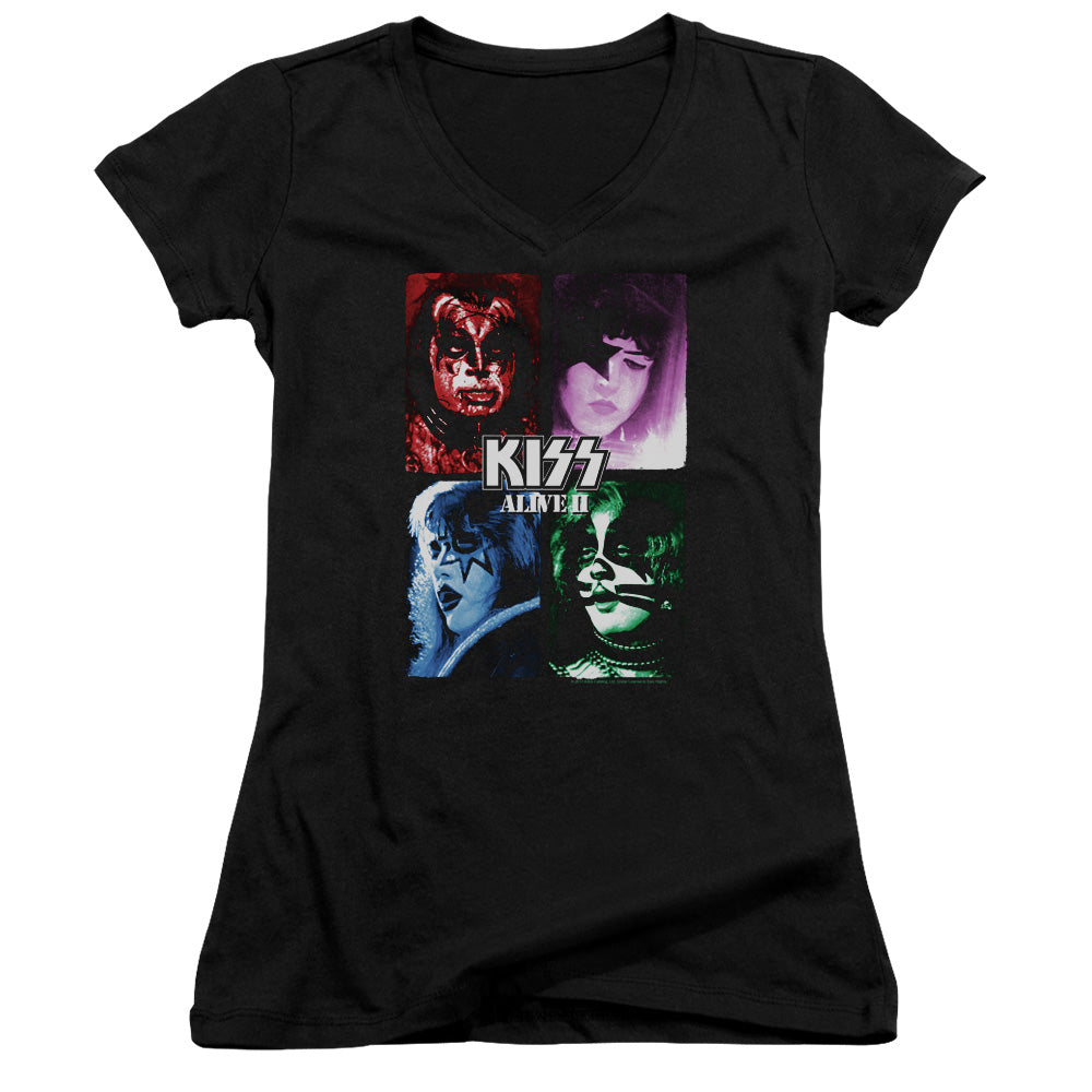 KISS Alive II Junior Sheer Cap Sleeve V-Neck Womens T Shirt Black