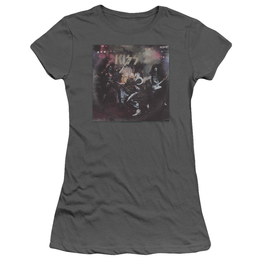 KISS Alive! Junior Sheer Cap Sleeve Womens T Shirt Charcoal