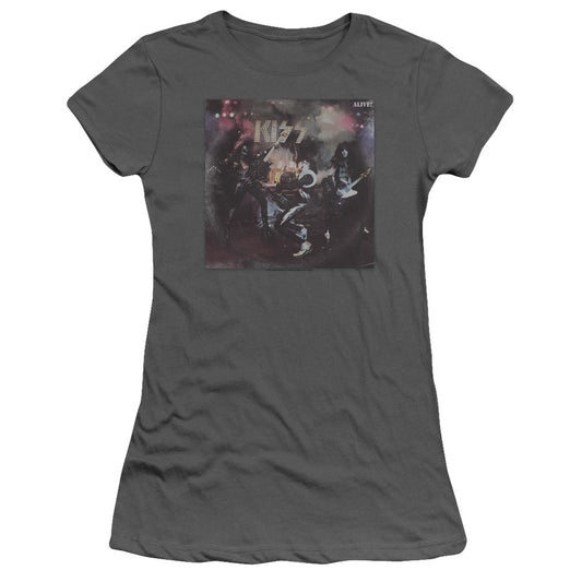 KISS Alive! Junior Sheer Cap Sleeve Womens T Shirt Charcoal