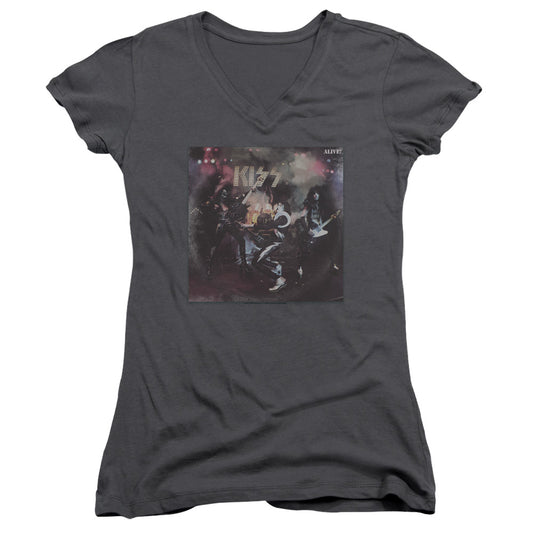 KISS Alive! Junior Sheer Cap Sleeve V-Neck Womens T Shirt Charcoal