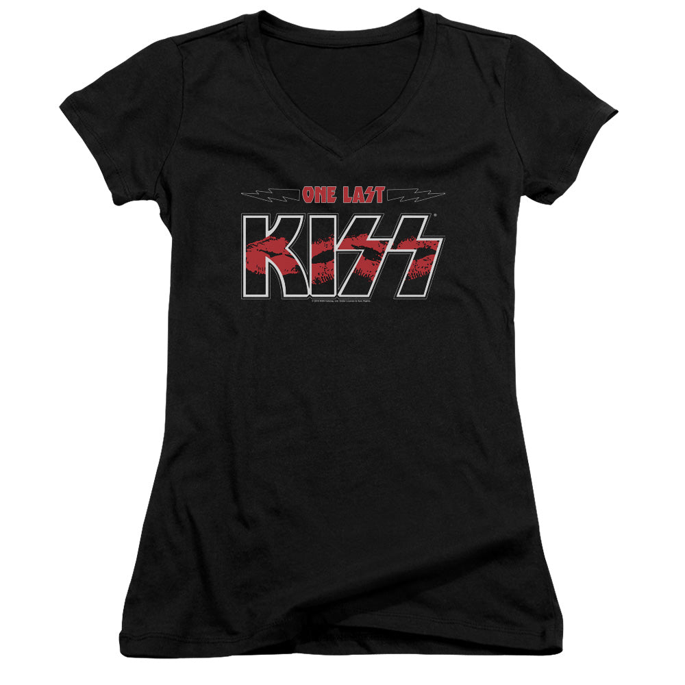 KISS One Last Kiss Junior Sheer Cap Sleeve V-Neck Womens T Shirt Black