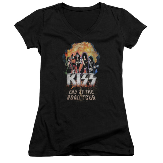 KISS Boom Junior Sheer Cap Sleeve V-Neck Womens T Shirt Black