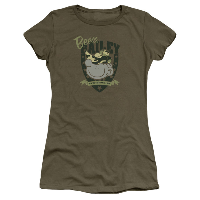 Beetle Bailey on Duty Junior Sheer Cap Sleeve Womens T Shirt Military Green