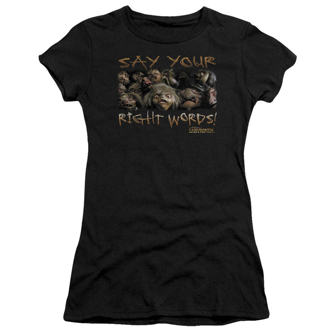 Labyrinth Say Your Right Words Junior Sheer Cap Sleeve Womens T Shirt Black