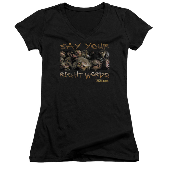 Labyrinth Say Your Right Words Junior Sheer Cap Sleeve V-Neck Womens T Shirt Black