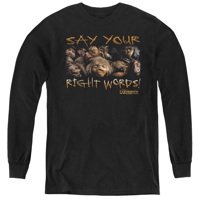 Labyrinth Say Your Right Words Long Sleeve Kids Youth T Shirt Black