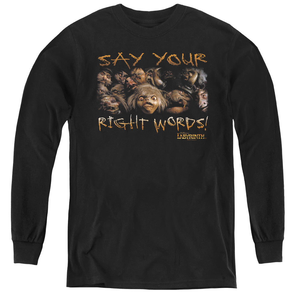 Labyrinth Say Your Right Words Long Sleeve Kids Youth T Shirt Black