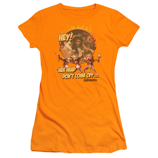 Labyrinth Head Dont Come Off Junior Sheer Cap Sleeve Womens T Shirt Orange