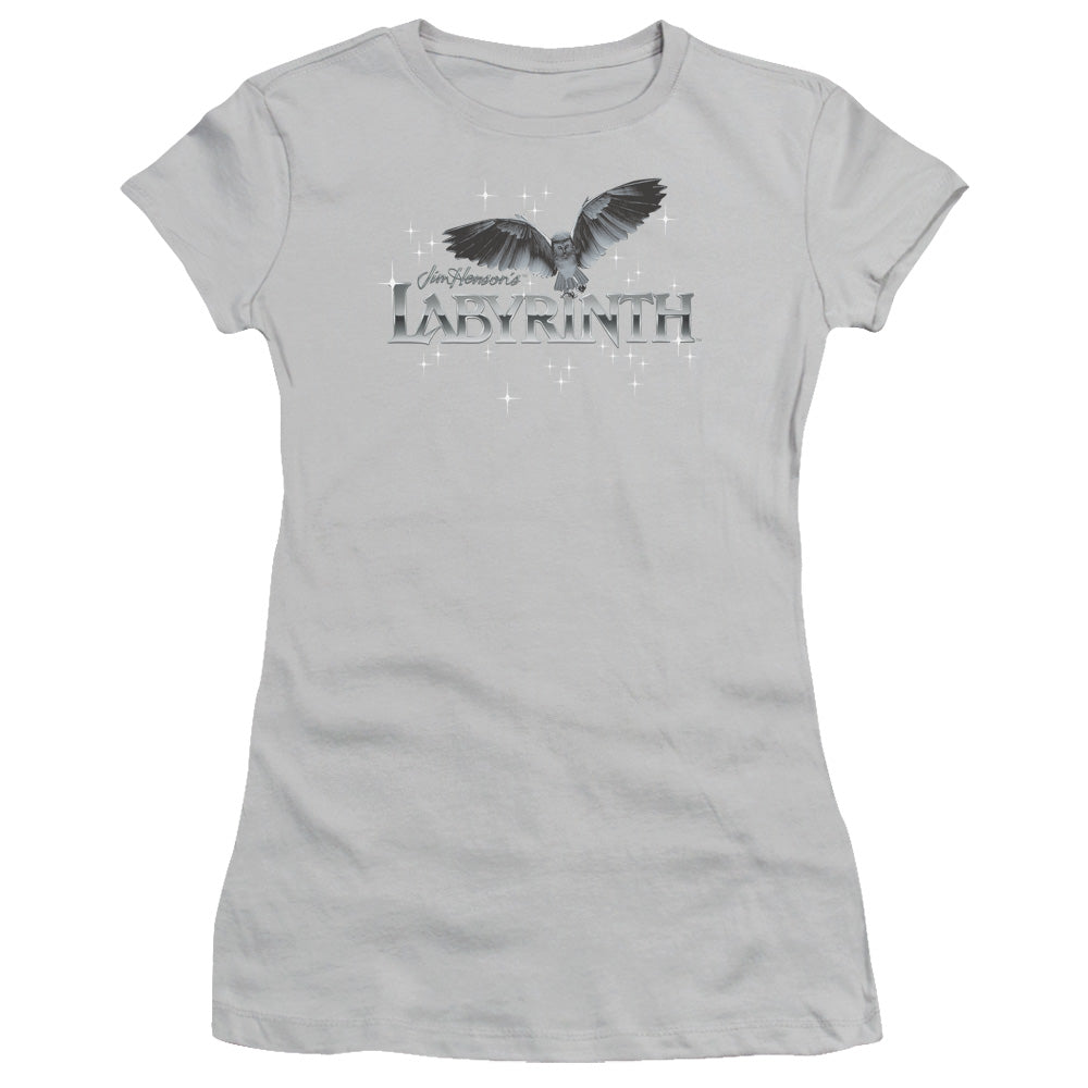 Labyrinth Owl Logo Junior Sheer Cap Sleeve Womens T Shirt Silver