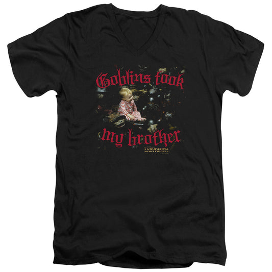 Labyrinth Goblins Took My Brother Mens Slim Fit V-Neck T Shirt Black