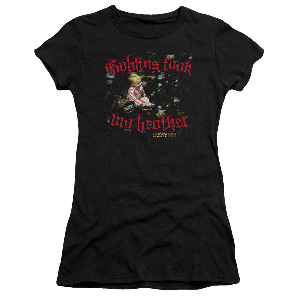 Labyrinth Goblins Took My Brother Junior Sheer Cap Sleeve Womens T Shirt Black