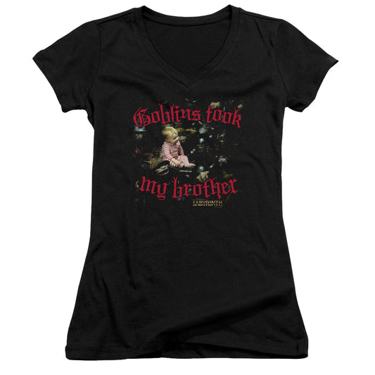 Labyrinth Goblins Took My Brother Junior Sheer Cap Sleeve V-Neck Womens T Shirt Black