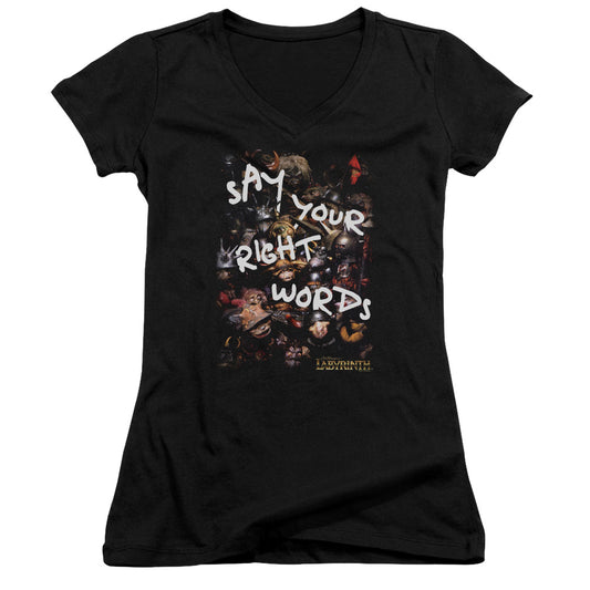 Labyrinth Right Words Junior Sheer Cap Sleeve V-Neck Womens T Shirt Black