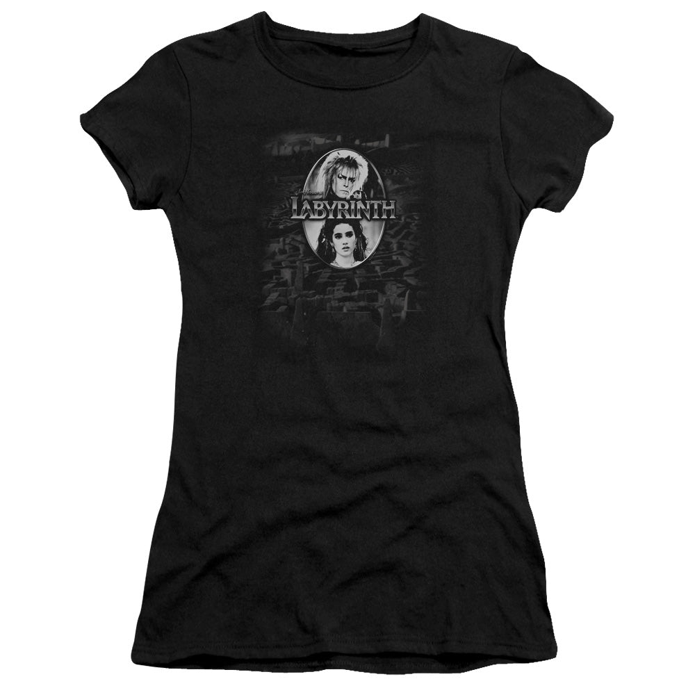 Labyrinth Maze Junior Sheer Cap Sleeve Womens T Shirt Black