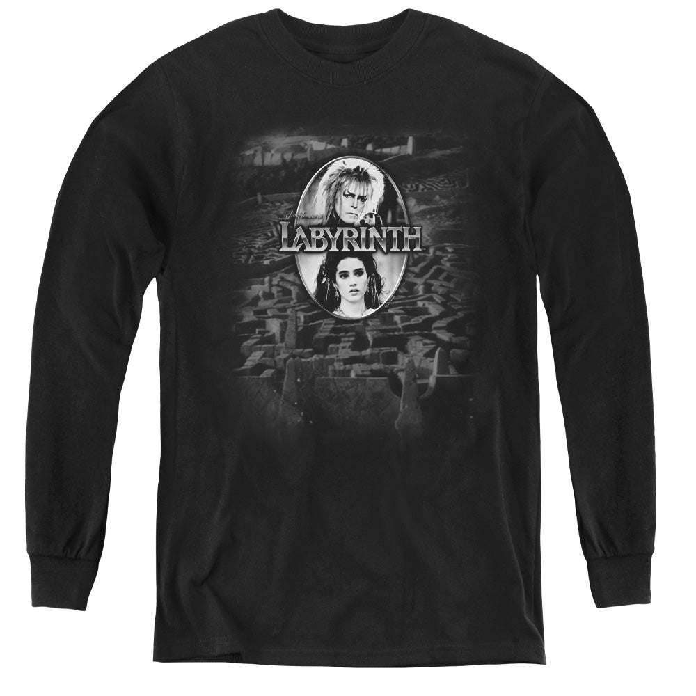 Labyrinth Maze Long Sleeve Kids Youth T Shirt Black