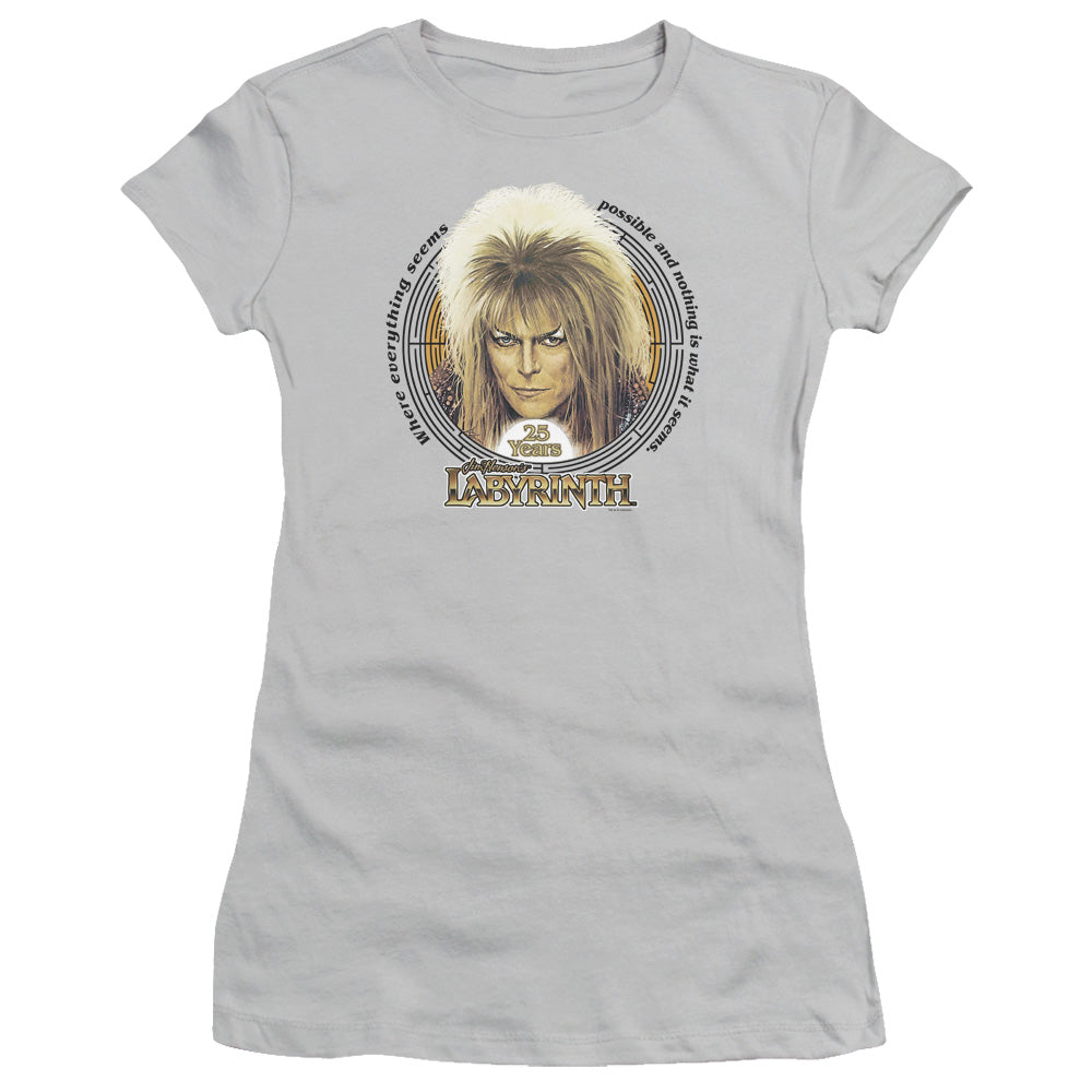 Labyrinth 25 Years Junior Sheer Cap Sleeve Womens T Shirt Silver