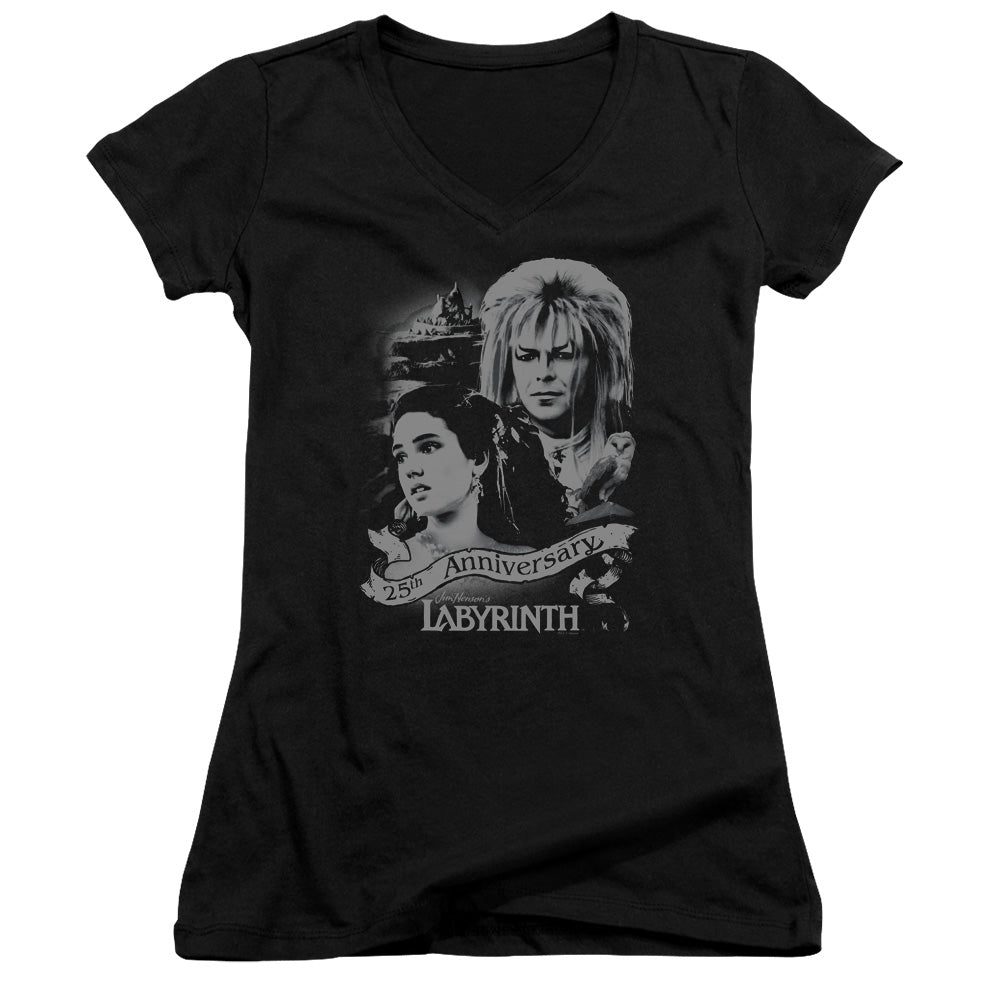 Labyrinth Anniversary Junior Sheer Cap Sleeve V-Neck Womens T Shirt Black