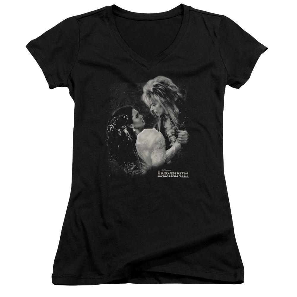 Labyrinth Dream Dance Junior Sheer Cap Sleeve V-Neck Womens T Shirt Black