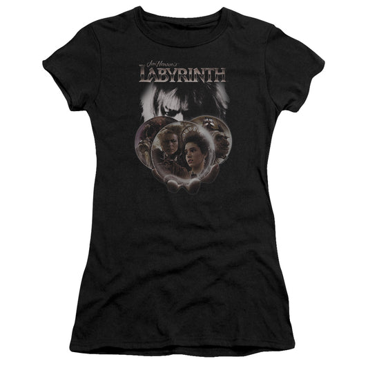 Labyrinth Globes Junior Sheer Cap Sleeve Womens T Shirt Black