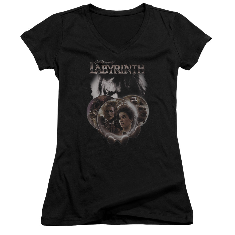 Labyrinth Globes Junior Sheer Cap Sleeve V-Neck Womens T Shirt Black