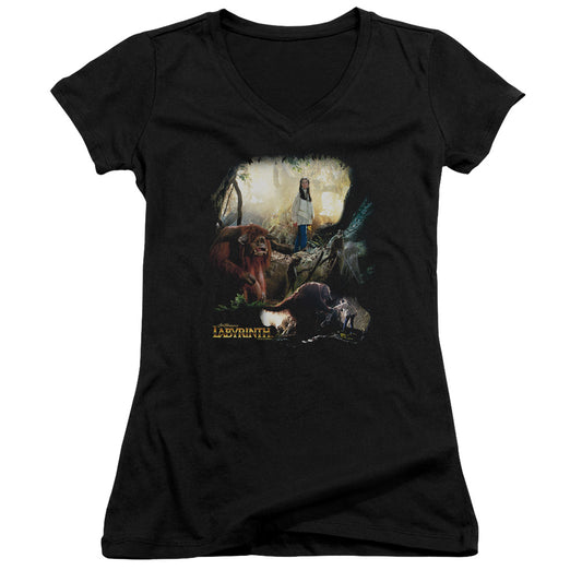 Labyrinth Sarah & Ludo Junior Sheer Cap Sleeve V-Neck Womens T Shirt Black