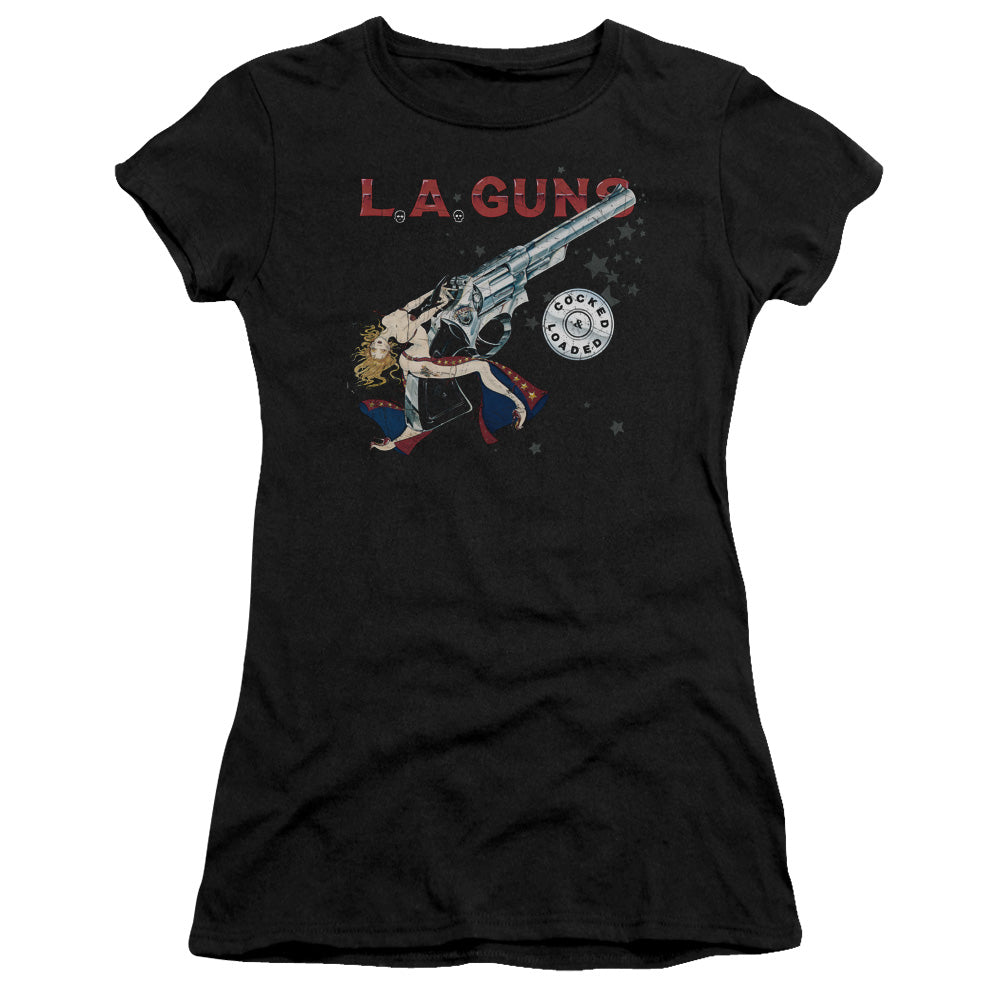L.A. Guns Cocked And Loaded Junior Sheer Cap Sleeve Womens T Shirt Black