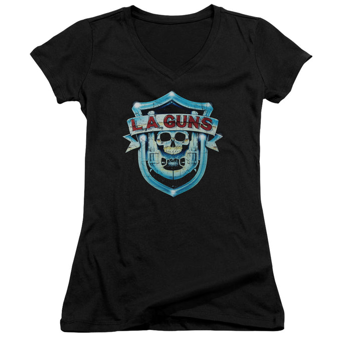 L.A. Guns Shield Junior Sheer Cap Sleeve V-Neck Womens T Shirt Black