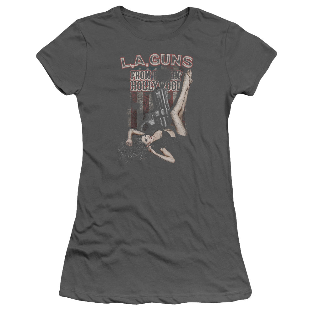 L.A. Guns From Hollywood Junior Sheer Cap Sleeve Womens T Shirt Charcoal
