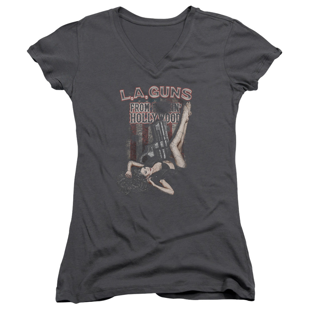 L.A. Guns From Hollywood Junior Sheer Cap Sleeve V-Neck Womens T Shirt Charcoal