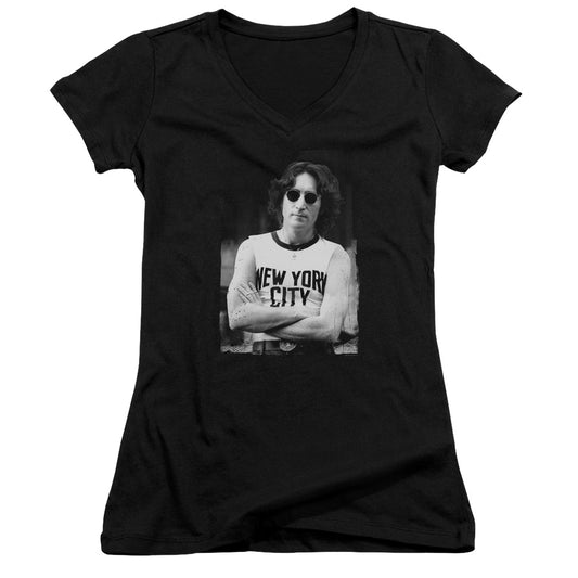 John Lennon New York Junior Sheer Cap Sleeve V-Neck Womens T Shirt Black