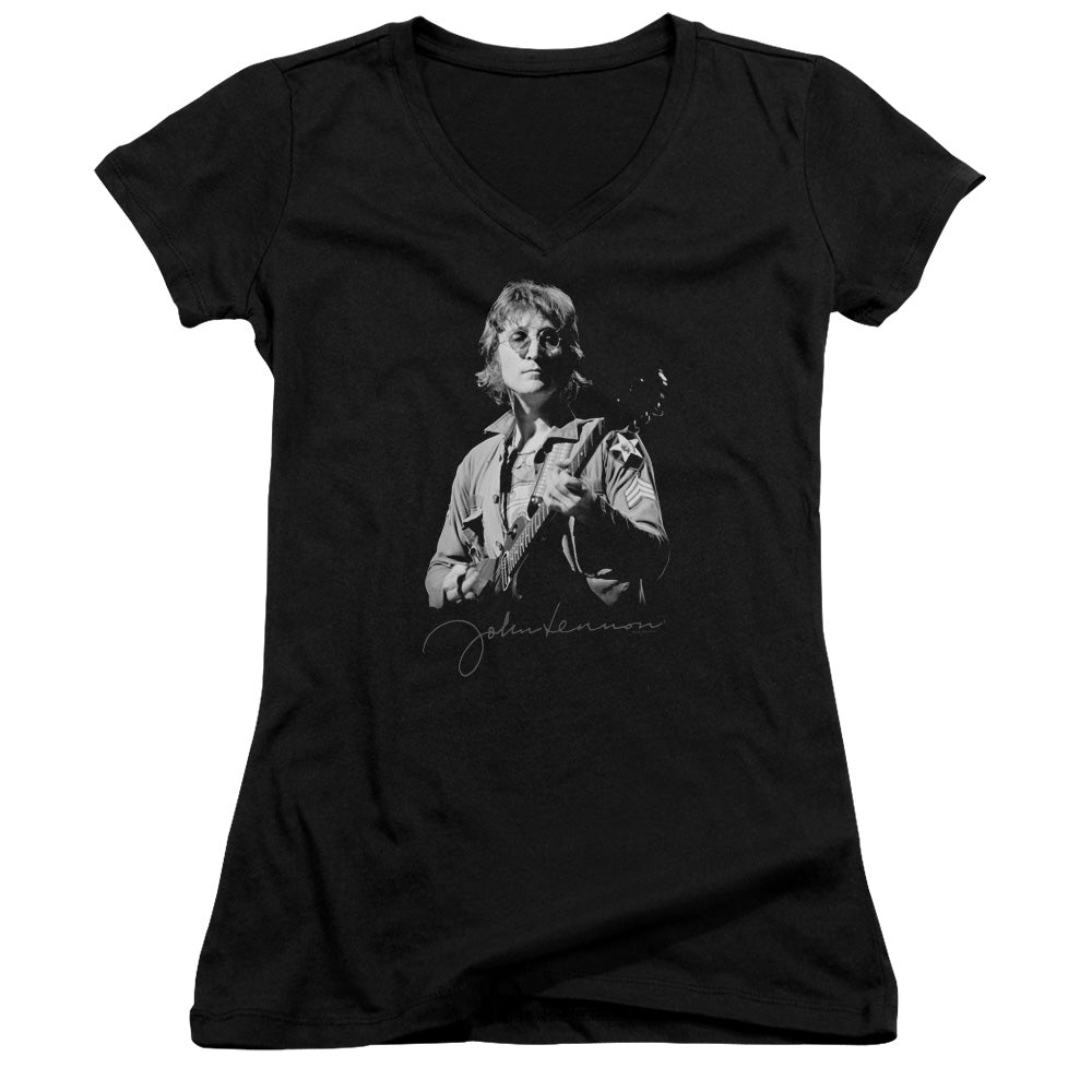 John Lennon Iconic Junior Sheer Cap Sleeve V-Neck Womens T Shirt Black