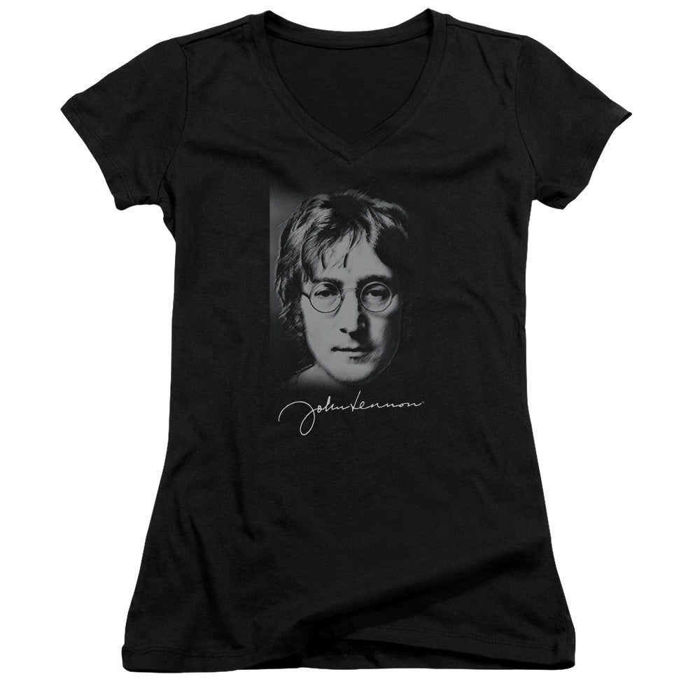 John Lennon Sketch Junior Sheer Cap Sleeve V-Neck Womens T Shirt Black